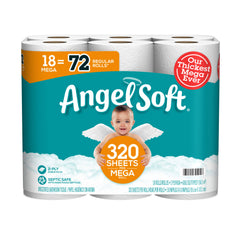 Angel Soft Bathroom Tissue, Unscented, Mega Roll, 2-Ply - 18 rolls
