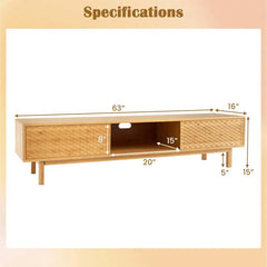63" Bamboo TV Stand for Up to 70" TVs, Mid Century Modern Entertainment Center Media Console with Sliding Doors & 3 Storage Cubbies for Living Room