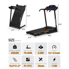 3.5HP 330 lb Weight Foldable Electric Running Walking Machine with Bluetooth/APP for Home, Fitness Jogging Exercise, Easy Installation and Space Saver for Home Office Gym