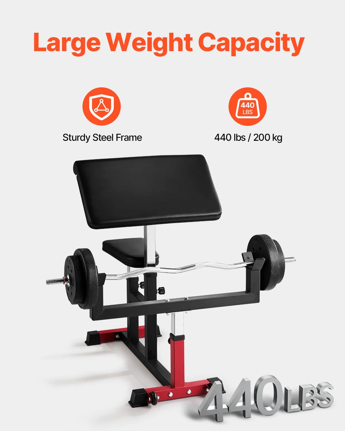 VEVOR Preacher Curl Bench, Strength Training Biceps Machine, Max Load 440 lb Home Gym Equipment, Seated Arm Isolated Barbell Dumbbell Bicep Station, Adjustable Weight Benches for Home Gym