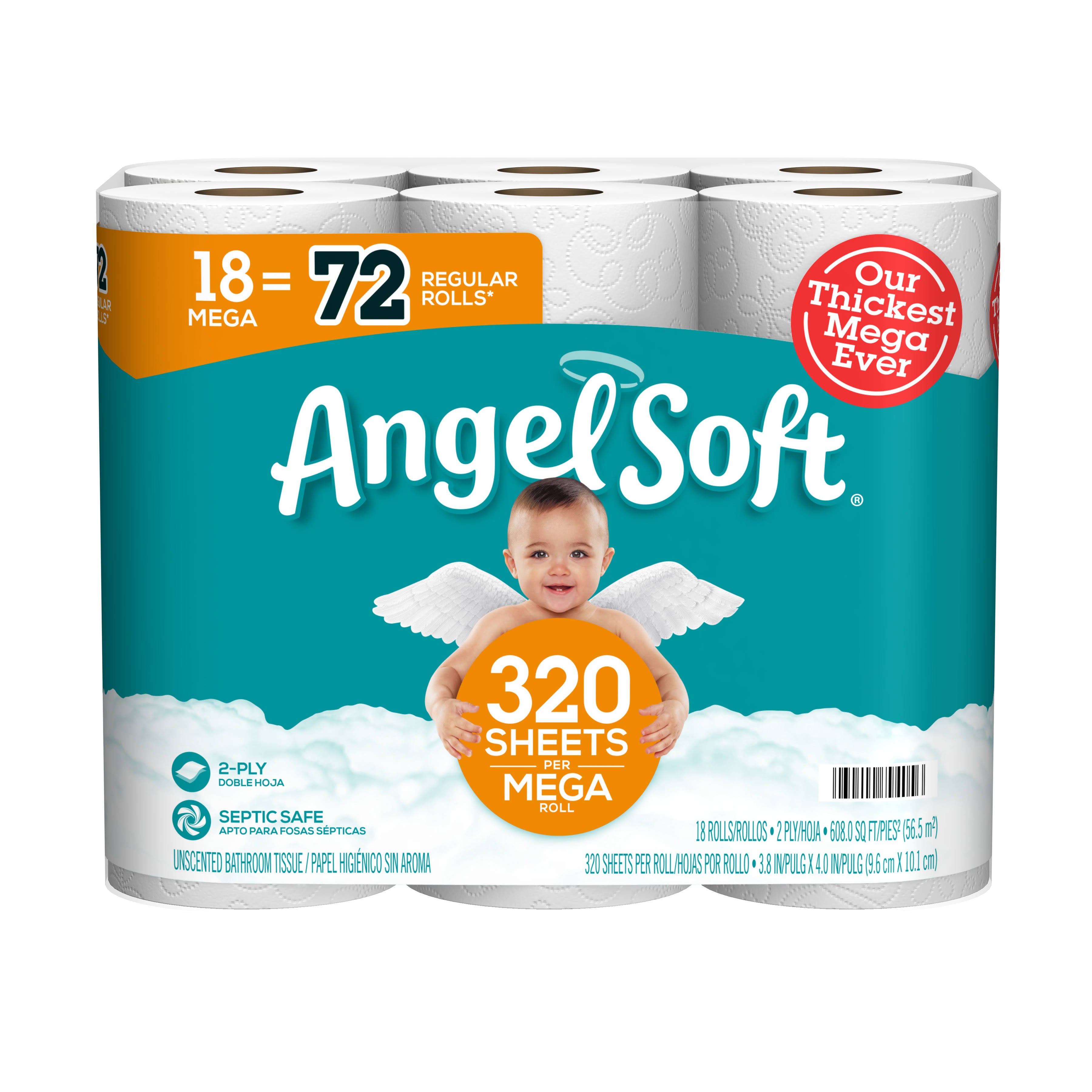 Angel Soft Bathroom Tissue, Unscented, Mega Roll, 2-Ply - 18 rolls