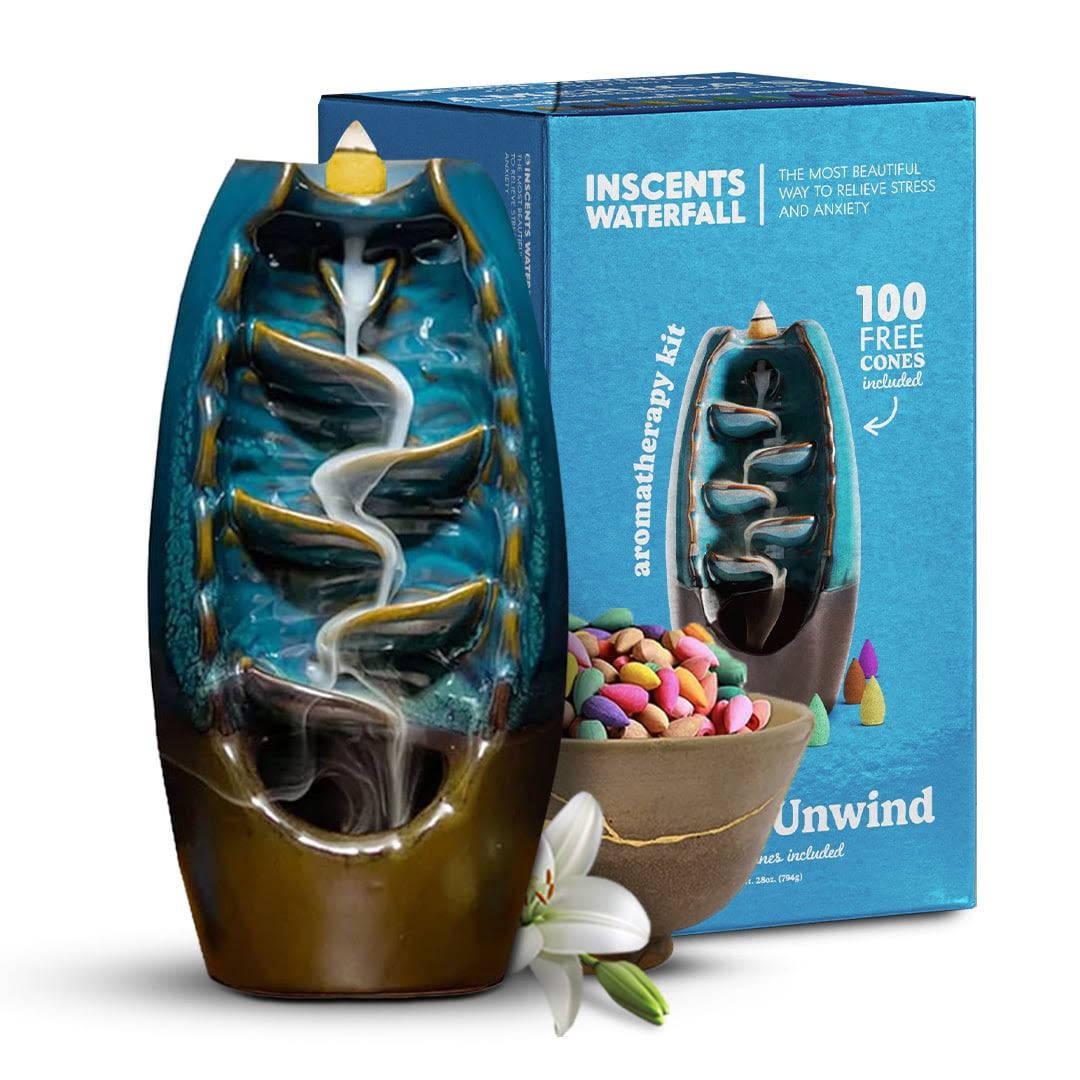 Inscents Waterfall As-seen-on-tv Ceramic Incense Holder Cone Burner with Backflow Design Ornament Home Decor Aromatherapy for Spa Office Bedroom Yoga