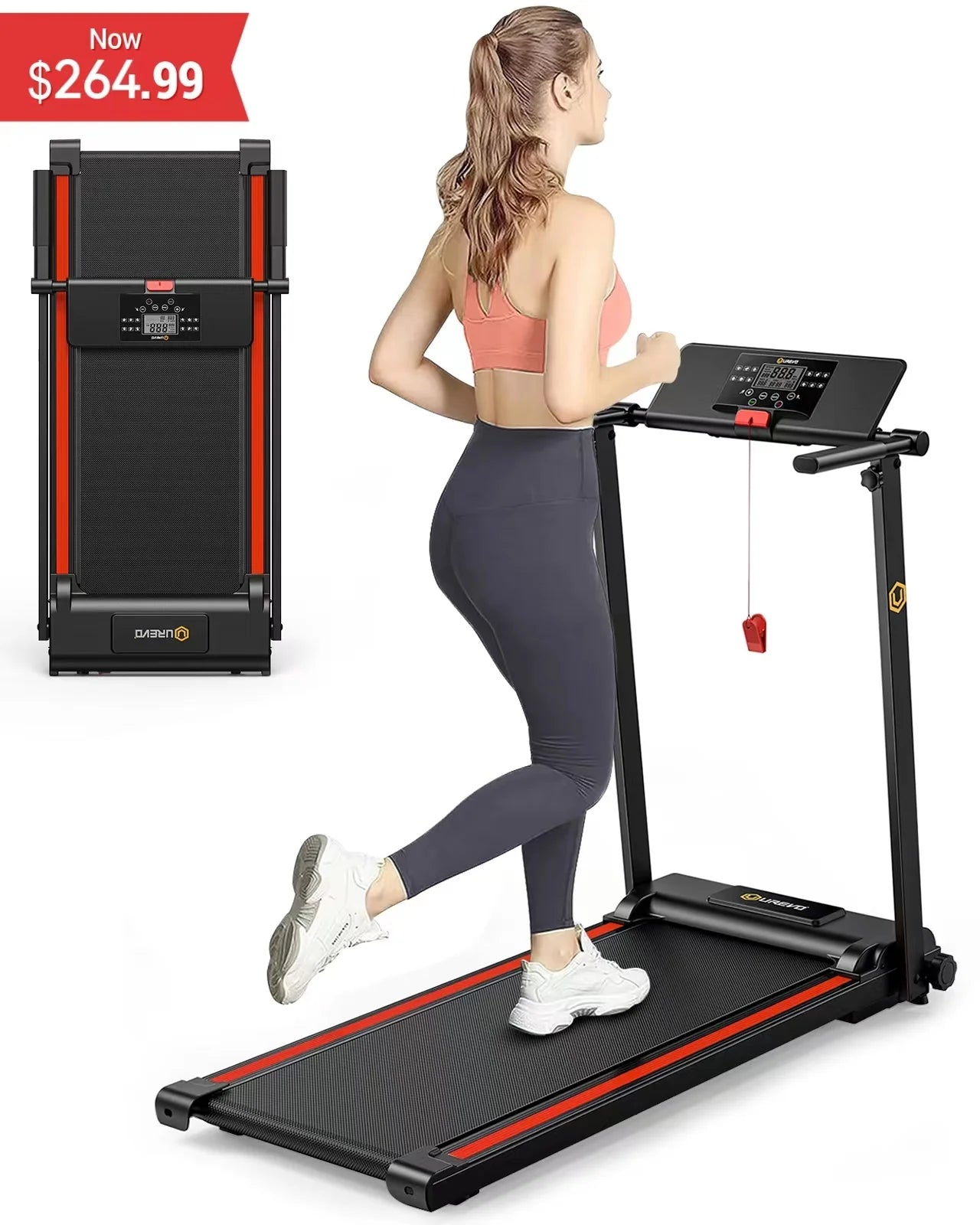 UREVO Folding Treadmill, 2.25HP Portable Mini Treadmills for Home Office, Compact Threadmill with 12 HIIT Modes, LCD Display, 265 lb Capacity