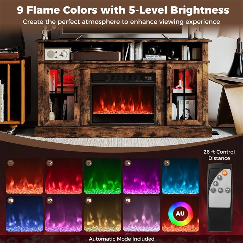 58" Electric Fireplace TV Stand for 65" TVs, Entertainment Center with 28" Fireplace Heater Insert, LED Lights, Remote Control & Storage